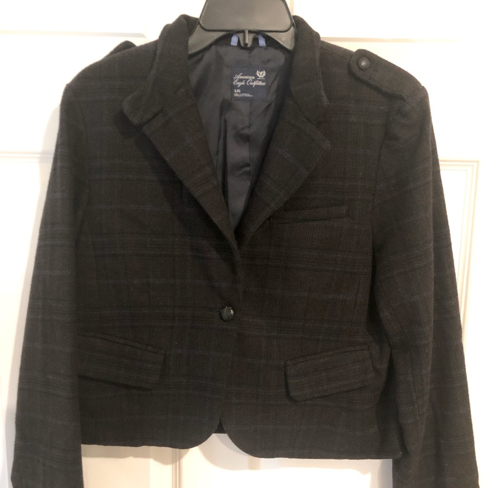 American Eagle Outfitters jacket, size large. Plaid with baby blue hints